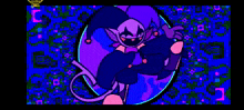 a cartoon character is standing in front of a purple and green circle .