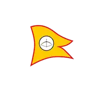 a yellow triangle with a white circle and a black arrow in the middle
