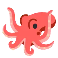 a red octopus with white dots on its tentacles and a black eye