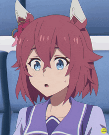 a girl with red hair and blue eyes is wearing a purple top