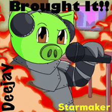 a cartoon of a pig holding a microphone with the words brought it starmaker on the bottom
