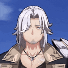 a man with long white hair and a black necklace