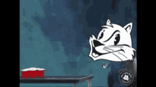 a cartoon cat is standing in front of a table with two red cups on it .