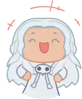 a cartoon drawing of a person with white hair and a skull on their chest