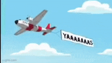 a plane is pulling a banner that says yaaaaas