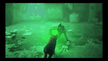 a cat is standing next to a robot with a green light behind it