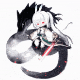 a girl with white hair and red eyes is holding a sword