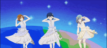 three anime girls are dancing in front of a blue sky with stars