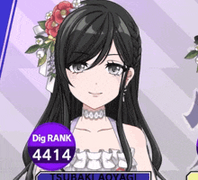 a girl with long black hair and a purple circle that says dig rank 4414