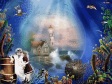 a painting of a lighthouse surrounded by fish and coral