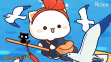 a cartoon of a cat on a broom with seagulls and the words rolex gifs