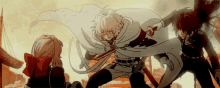 a man in a white cape is holding a sword while standing next to a girl in a red bow ..