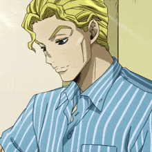 a man in a blue and white striped shirt is looking down
