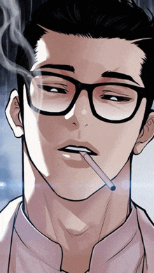 a man with glasses is smoking a cigarette in his mouth