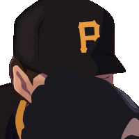 a man wearing a black hat with the letter p on the front