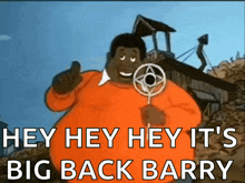 a cartoon of a man holding a microphone and saying hey hey hey it 's big back barry