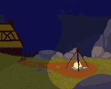 a pixel art drawing of a campfire and a hut with the letter x on it