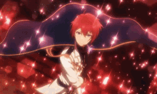 a boy with red hair and a cape is standing in a dark room surrounded by stars .