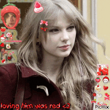 a picture of a woman with a strawberry hat on her head with the caption loving him was red