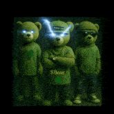 three green teddy bears are standing next to each other and one bear has a shirt that says $ bear