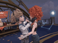 a couple of cartoon characters are dancing in front of a sign that says the aquarium