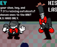 a pixel art of a cat in the hat saying hey your shoe hey and his las