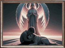 a framed painting of a boy and a dog with an angel behind them