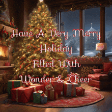 a christmas card with a christmas tree and gifts says have a very merry holiday filled with wonder and cheer