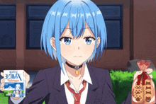 a girl with blue hair is holding a carton of dairy milk and a bag of cookies