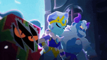 a cartoon character with a crown and horns is standing next to a monster