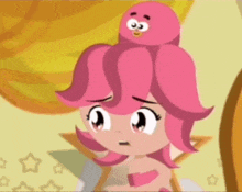a cartoon girl with pink hair has a pink chicken on her head
