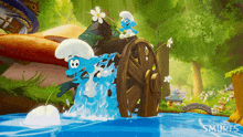 a smurf sitting on top of a wooden wheel in a river
