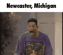 a man in a purple shirt is standing in a hallway with his mouth open and the words newcaster , michigan on the bottom
