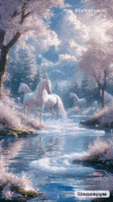 a painting of three white horses standing in a river with pixverse.ai written on the bottom