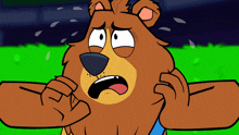 a cartoon of a bear holding an umbrella and a small ant in a purse