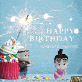 a happy birthday greeting with a cupcake and a boy and girl