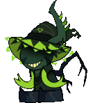 a cartoon drawing of a monster wearing a green hat and a black jacket .