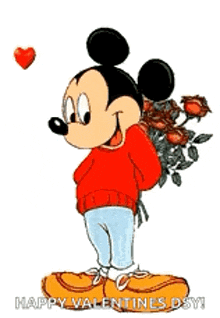 mickey mouse is holding a bouquet of roses behind his back