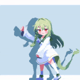 a pixel art drawing of a girl with green hair and red eyes