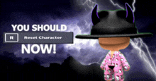 a cartoon character wearing a black hat with horns and the words you should now below him