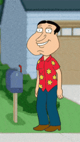 a cartoon character is standing in front of a mailbox and smiling