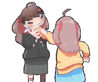 a cartoon drawing of a girl holding another girl 's hand while another girl looks on