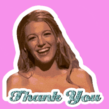 a sticker of a woman with the words thank you written on it