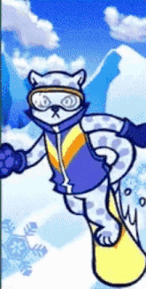 a cartoon of a snow leopard snowboarding on a snowy mountain .
