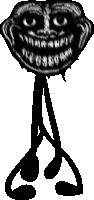 a black and white drawing of a troll with long legs and a big smile on his face .