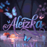 the word aleizka is surrounded by butterflies and pumpkins on a table