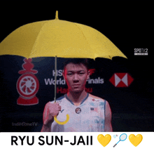 a man holding a yellow umbrella with the name ryu sun-jaii written below him