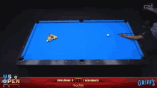 a pool table with a blue cloth that says us open