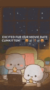 two cartoon cats are sitting on a couch eating pizza and drinking coffee while watching a movie .