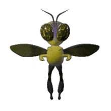 a cartoon bee with a purple head and yellow eyes is flying in the air